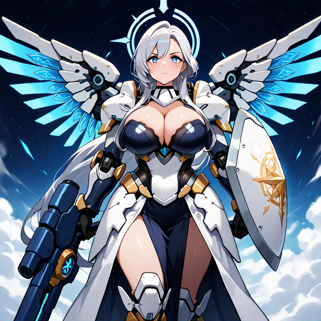 Anime, high detailed, multiple womans, mature womans, extremely long hair, mecha soft-armor, cleavage, Large breasts, large mechanical wings, large Gauntlet, large shield in arm, serious, curvy body, long mechanical wings, mecha weapons、Colored armors、magenta Colored aura、BLUE Eyes, elongated pupils,  Mature Woman、magenta aura, background in the space 