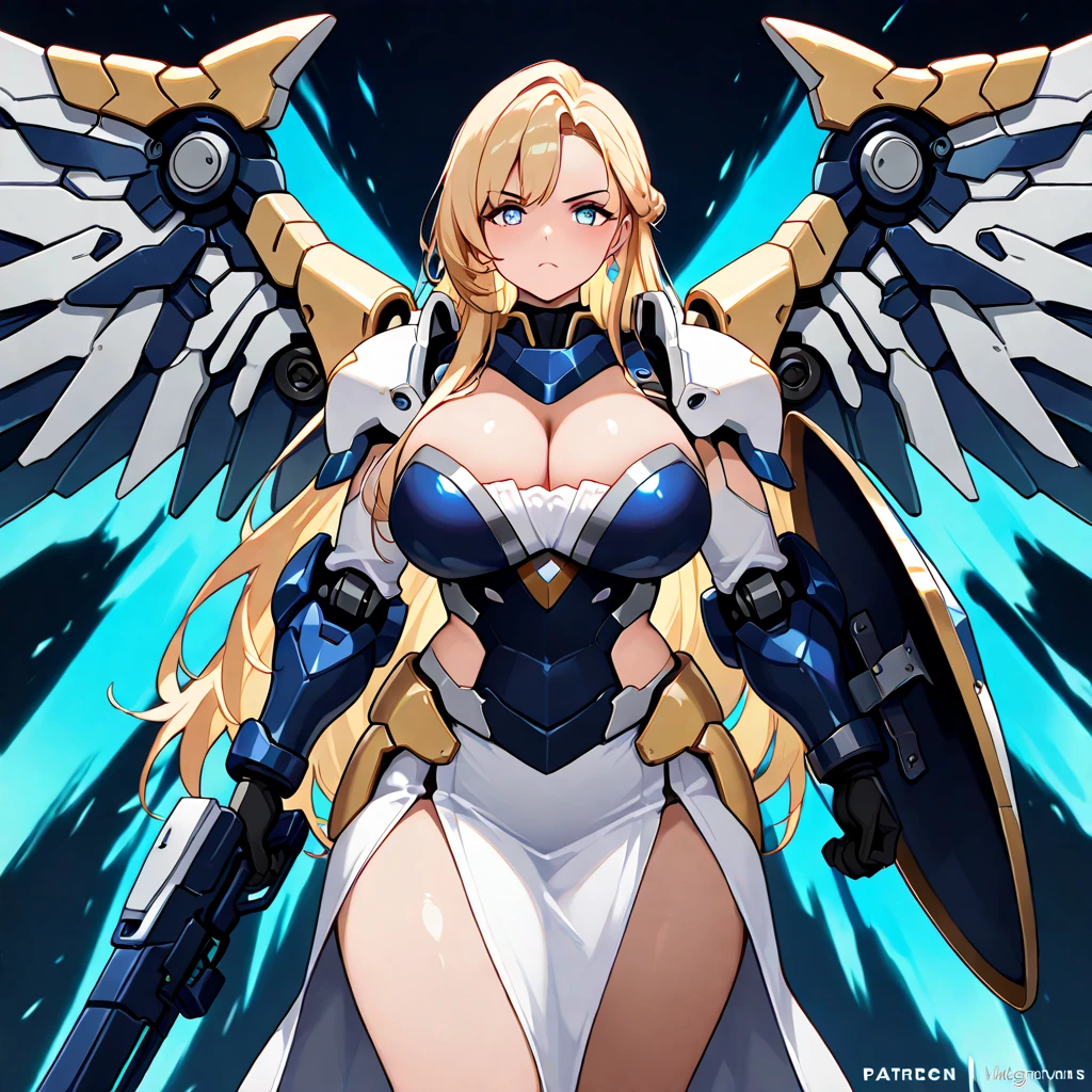 Anime, high detailed, multiple womans, mature womans, extremely long hair, mecha soft-armor, cleavage, Large breasts, large mechanical wings, large Gauntlet, large shield in arm, serious, curvy body, long mechanical wings, mecha weapons、Colored armors、magenta Colored aura、BLUE Eyes, elongated pupils,  Mature Woman、magenta aura, background in the space 