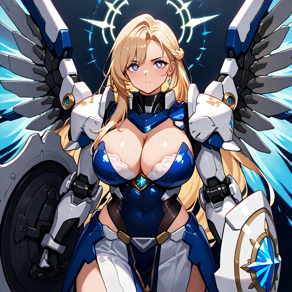 Anime, high detailed, multiple womans, mature womans, extremely long hair, mecha soft-armor, cleavage, Large breasts, large mechanical wings, large Gauntlet, large shield in arm, serious, curvy body, long mechanical wings, mecha weapons、Colored armors、magenta Colored aura、BLUE Eyes, elongated pupils,  Mature Woman、magenta aura, background in the space 