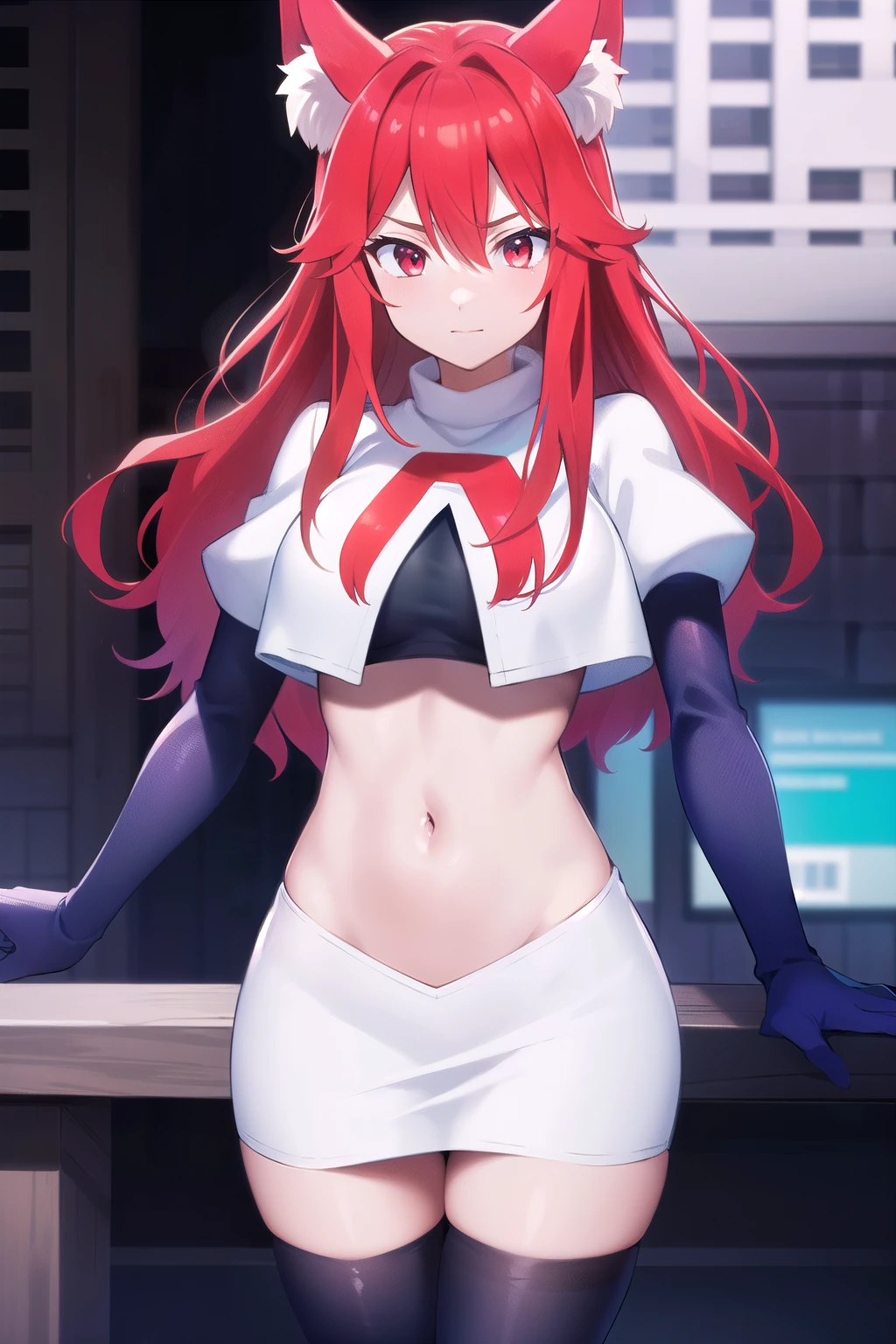 masterpiece, perfect lighting, (beautiful, best quality:1.3), perfect eyes, absurdres, 8k,
1girl, solo, (absurdres), finely detail,
flay_strongest, long hair, wolf ears, , wolf girl, red eyes, red hair,
team rocket,team rocket uniform,white skirt,red letter R,crop top,black thigh-highs,black elbow gloves, navel,