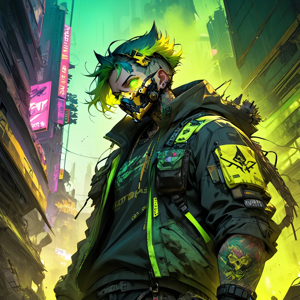 cyborg, 1_man_cyberpunk_2077, barghest, neon yellow and black techwear, burning post apocalyptic las vegas backdrop, neongreen punk hair, wearing a golden skullmask, neongreen glowing eyes, tattoos on lower arms, combat boots
