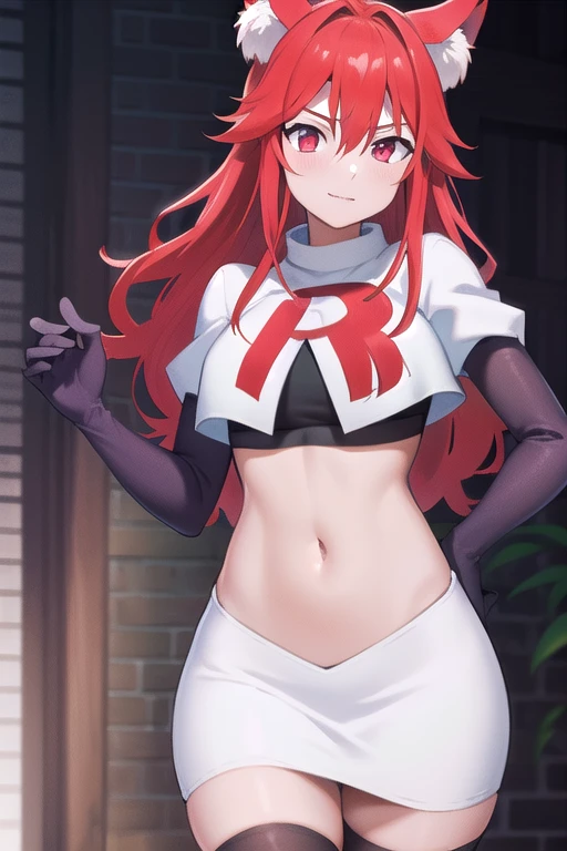 masterpiece, perfect lighting, (beautiful, best quality:1.3), perfect eyes, absurdres, 8k,
1girl, solo, (absurdres), finely detail,
flay_strongest, long hair, wolf ears, , wolf girl, red eyes, red hair,
team rocket,team rocket uniform,white skirt,red letter R,crop top,black thigh-highs,black elbow gloves, navel,