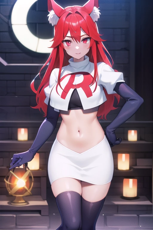 masterpiece, perfect lighting, (beautiful, best quality:1.3), perfect eyes, absurdres, 8k,
1girl, solo, (absurdres), finely detail,
flay_strongest, long hair, wolf ears, , wolf girl, red eyes, red hair,
team rocket,team rocket uniform,white skirt,red letter R,crop top,black thigh-highs,black elbow gloves, navel,