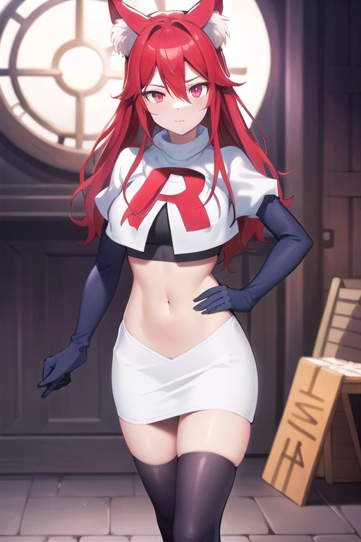 masterpiece, perfect lighting, (beautiful, best quality:1.3), perfect eyes, absurdres, 8k,
1girl, solo, (absurdres), finely detail,
flay_strongest, long hair, wolf ears, , wolf girl, red eyes, red hair,
team rocket,team rocket uniform,white skirt,red letter R,crop top,black thigh-highs,black elbow gloves, navel,