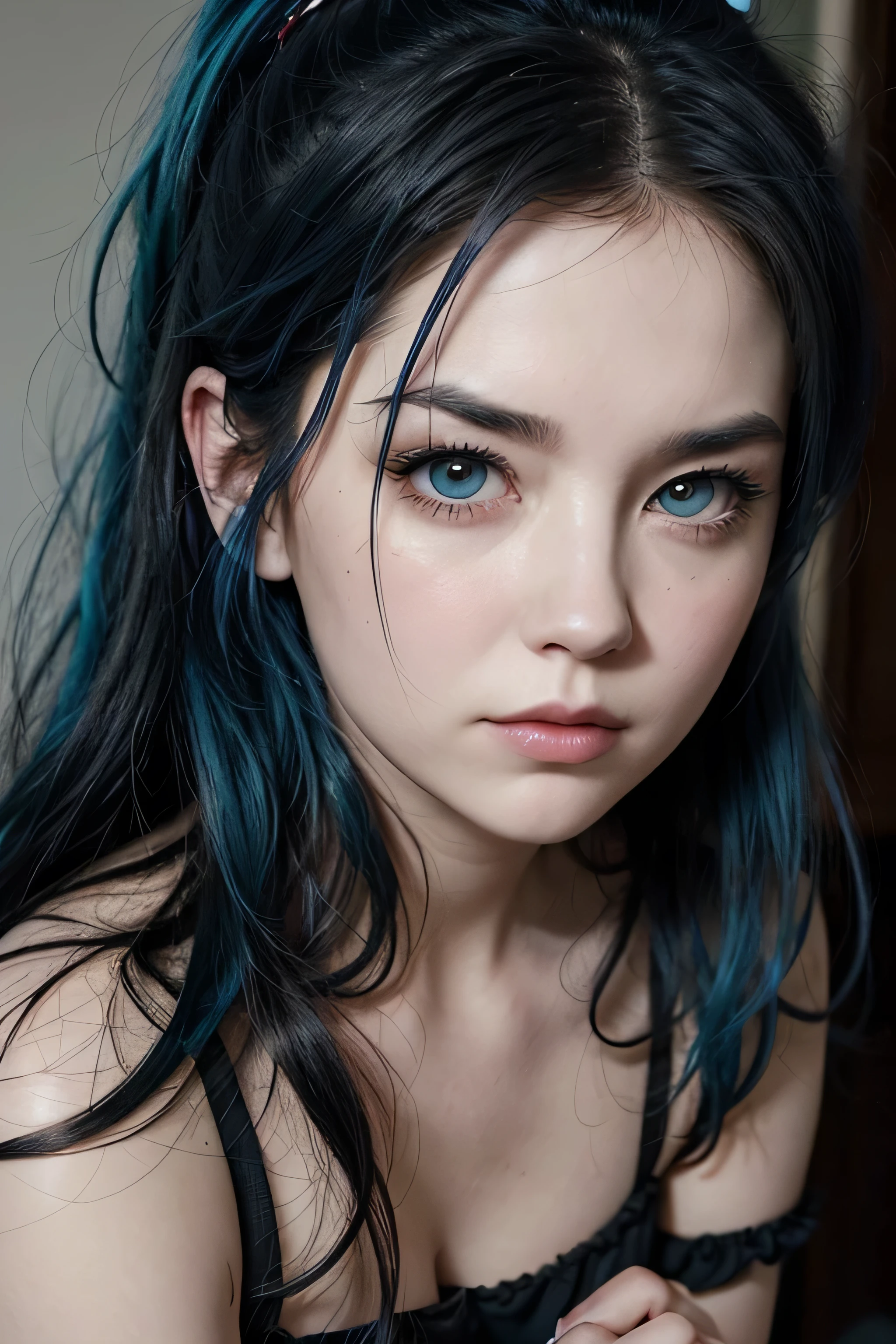 beauty, intricate details, dramatic composition, tension, wispy hair, blue eyes, contrast, texture, realism, high-quality rendering, stunning art, high quality, Fujifilm XT3, acne, blemishes, detailed skin, sexy nude