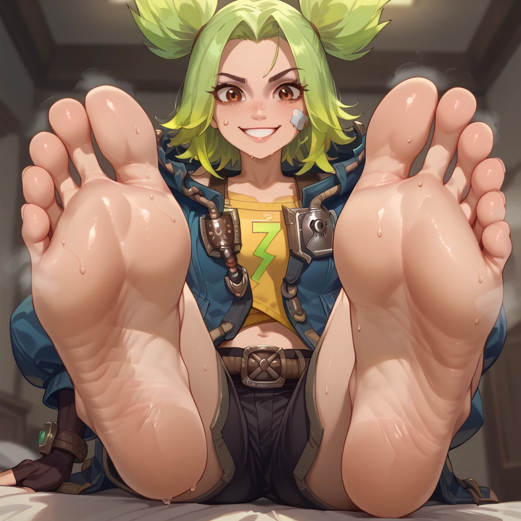 masterpiece, best quality, ZeriLoLXL, brown eyes, green hair, twintails, sidelocks, freckles, bandaid on face, medium breasts, blue jacket, open jacket, yellow midriff, gloves, fingerless gloves, black pants, belt, knee pads, smile, barefoot, footstomp, soles, toes, foreshortening, view from below, indoors, sweaty feet, smelly, steam coming out of feet 