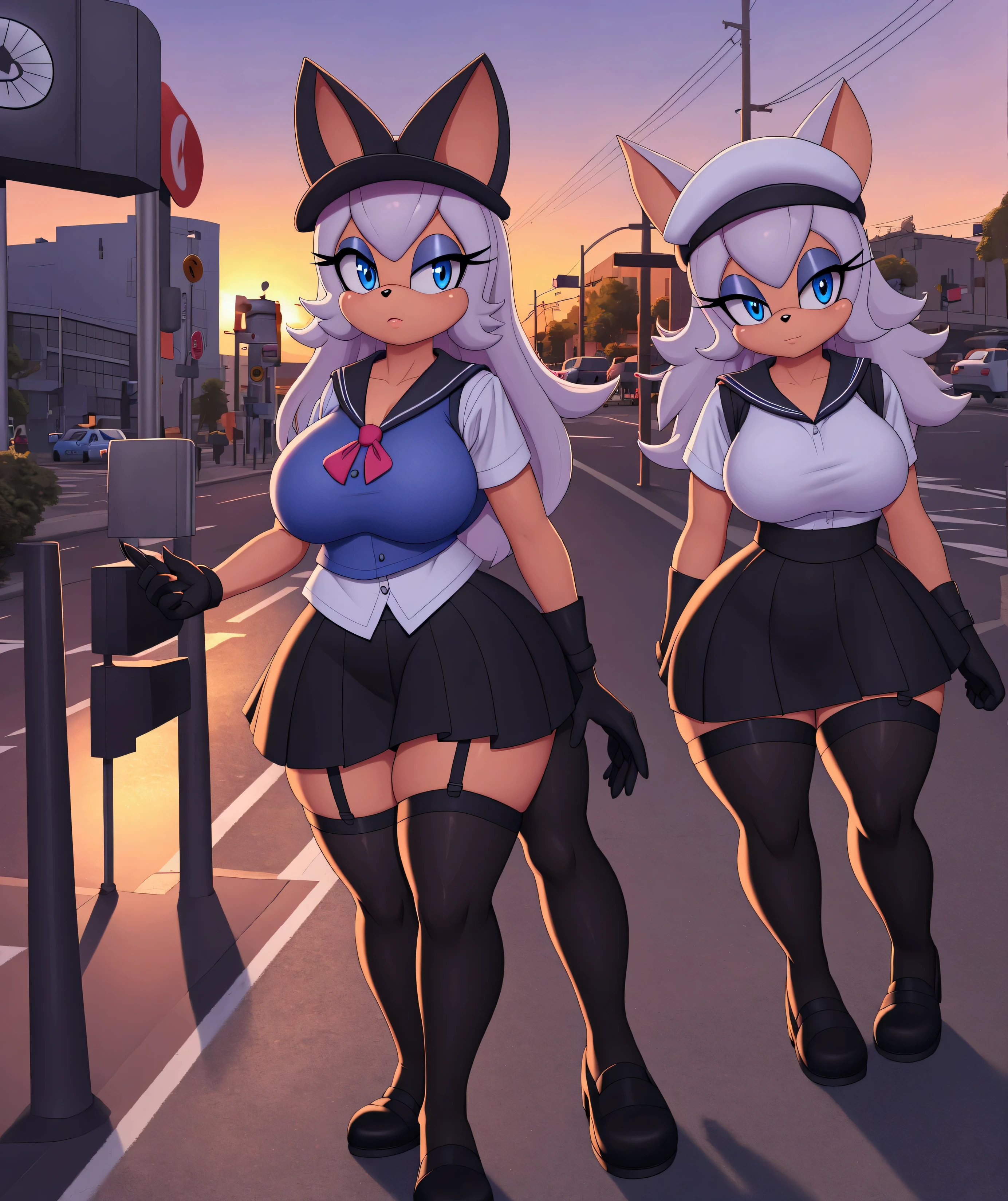 Rouge the bat, blue eyes ,schoolgirl vest, sailor hat , long hair ,,schoolgirl skirt, black stockings with straps,,  black gloves , small hips , large breasts,small hip,  Big Thighs,   walking on the street ,at a pedestrian crossing, at sunset  