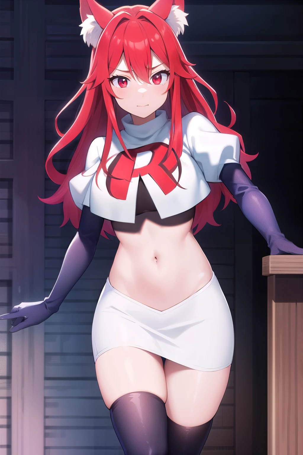 masterpiece, perfect lighting, (beautiful, best quality:1.3), perfect eyes, absurdres, 8k,
1girl, solo, (absurdres), finely detail,
flay_strongest, long hair, wolf ears, , wolf girl, red eyes, red hair,
team rocket,team rocket uniform,white skirt,red letter R,crop top,black thigh-highs,black elbow gloves, navel,