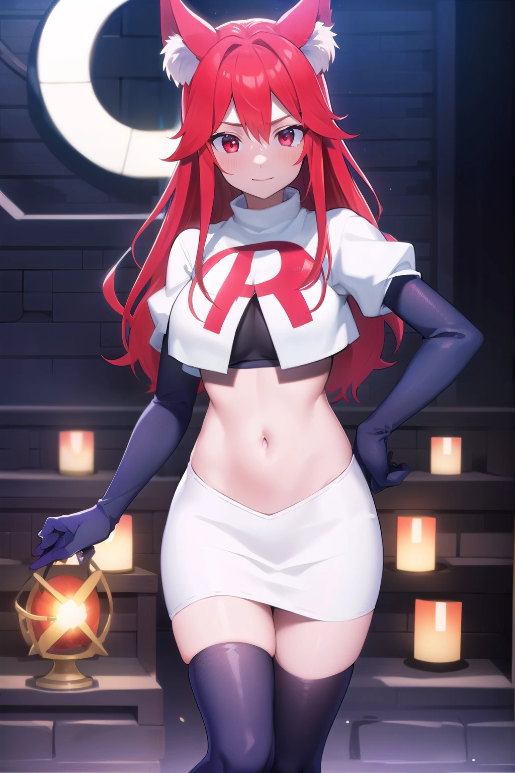 masterpiece, perfect lighting, (beautiful, best quality:1.3), perfect eyes, absurdres, 8k,
1girl, solo, (absurdres), finely detail,
flay_strongest, long hair, wolf ears, , wolf girl, red eyes, red hair,
team rocket,team rocket uniform,white skirt,red letter R,crop top,black thigh-highs,black elbow gloves, navel,