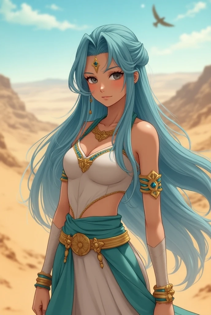 (score_9,score_8_up,score_7_up,score_6_up,score_5_up,score_4_up),((ONEPIECE)), ((Nefertari Vivi)), big breast, best quality, illustration, solo, ((long hair)), blue hair, brown eyes, ((sweaty)), ((jewerly)), blue sky, desert, sun, belly dancer, oasis