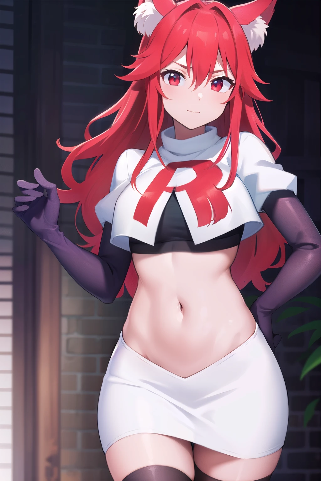 masterpiece, perfect lighting, (beautiful, best quality:1.3), perfect eyes, absurdres, 8k,
1girl, solo, (absurdres), finely detail,
flay_strongest, long hair, wolf ears, , wolf girl, red eyes, red hair,
team rocket,team rocket uniform,white skirt,red letter R,crop top,black thigh-highs,black elbow gloves, navel,