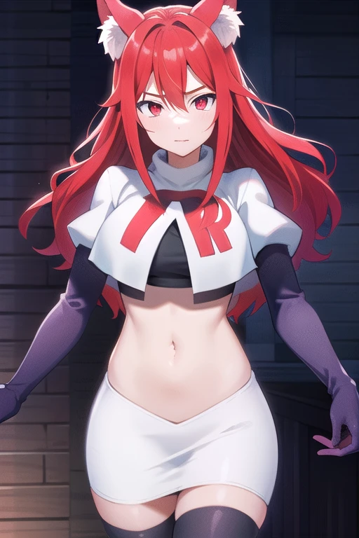 masterpiece, perfect lighting, (beautiful, best quality:1.3), perfect eyes, absurdres, 8k,
1girl, solo, (absurdres), finely detail,
flay_strongest, long hair, wolf ears, , wolf girl, red eyes, red hair,
team rocket,team rocket uniform,white skirt,red letter R,crop top,black thigh-highs,black elbow gloves, navel,