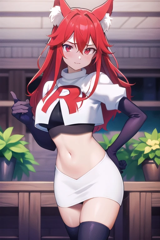 masterpiece, perfect lighting, (beautiful, best quality:1.3), perfect eyes, absurdres, 8k,
1girl, solo, (absurdres), finely detail,
flay_strongest, long hair, wolf ears, , wolf girl, red eyes, red hair,
team rocket,team rocket uniform,white skirt,red letter R,crop top,black thigh-highs,black elbow gloves, navel,