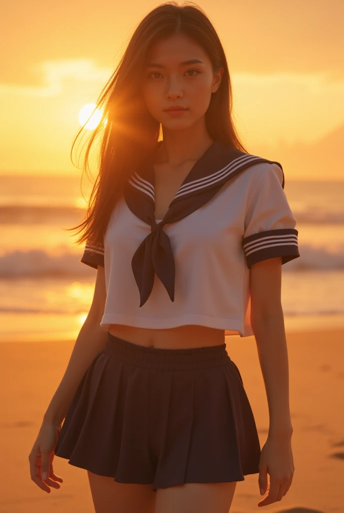 (8k、born、Professional、Highest quality、masterpiece:1.2)、(Genuine、Realistic:1.37)、Very detailed、(Portrait of an 18-year-old woman)、(expensiveest Detail Skin:1.2)、(expensiveest detail face:1.2)、1 Female、18-year-old、Black Hair、Long Hair、expensive 、Japanese high born sailor suit、The wind blew up her pleated miniskirt., Revealing white lace panties.)、Sunset sky、The cityscape at dusk can be seen in the distance、Golden Hour