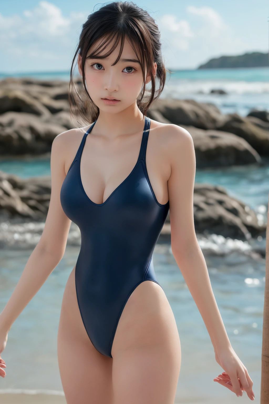  Play,Best Quality, ultra high resolution,1 person,whole body, Black Hair ,  cool look,  camera , Beautiful and exquisite face ,Beautiful Skin, skin texture,(( competitive swimsuit, big chest,)), Standing Pose , is embarrassing,A girl's delicate fingers,solo、 random hairstyle 、 beach 、Thin eyebrows、 troubled expression、 high leg swimsuits、