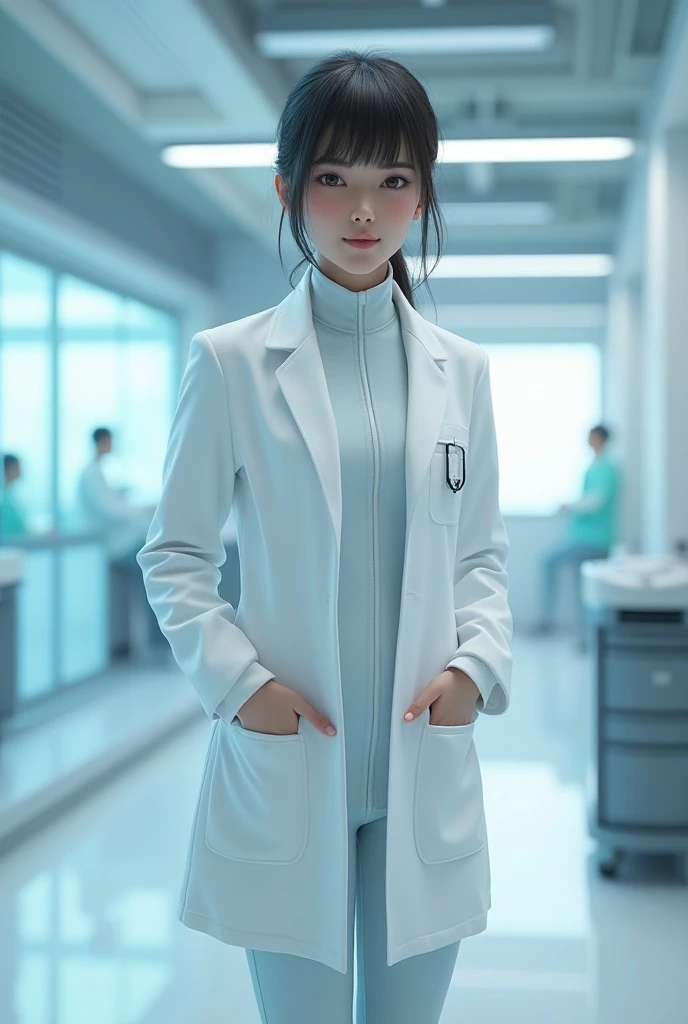 Female doctor，Wearing a doctor&#39;s uniform、White，Realistically，Dynamic Light，Brush Cut，Thin body type，Cleavage，Full Shot，（Highly detailed CG synthesis 8k wallpaper），High detail，Get into sharp focus，dramatic，eyelash，Photorealism、sexy