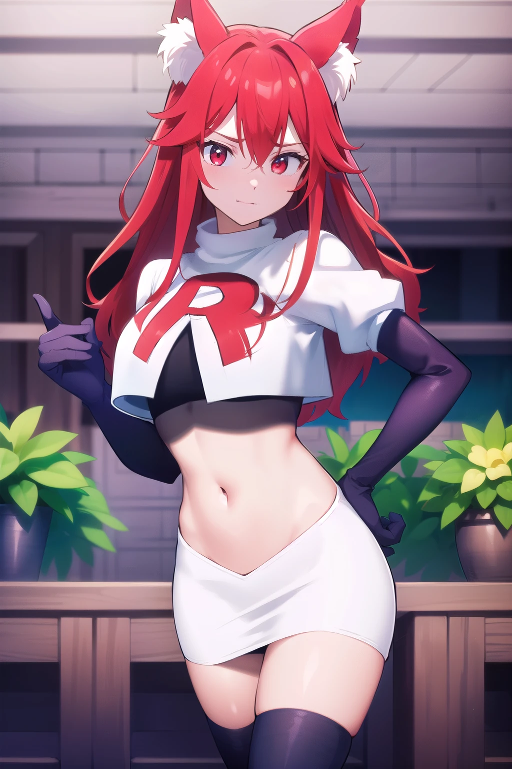 masterpiece, perfect lighting, (beautiful, best quality:1.3), perfect eyes, absurdres, 8k,
1girl, solo, (absurdres), finely detail,
flay_strongest, long hair, wolf ears, , wolf girl, red eyes, red hair,
team rocket,team rocket uniform,white skirt,red letter R,crop top,black thigh-highs,black elbow gloves, navel,