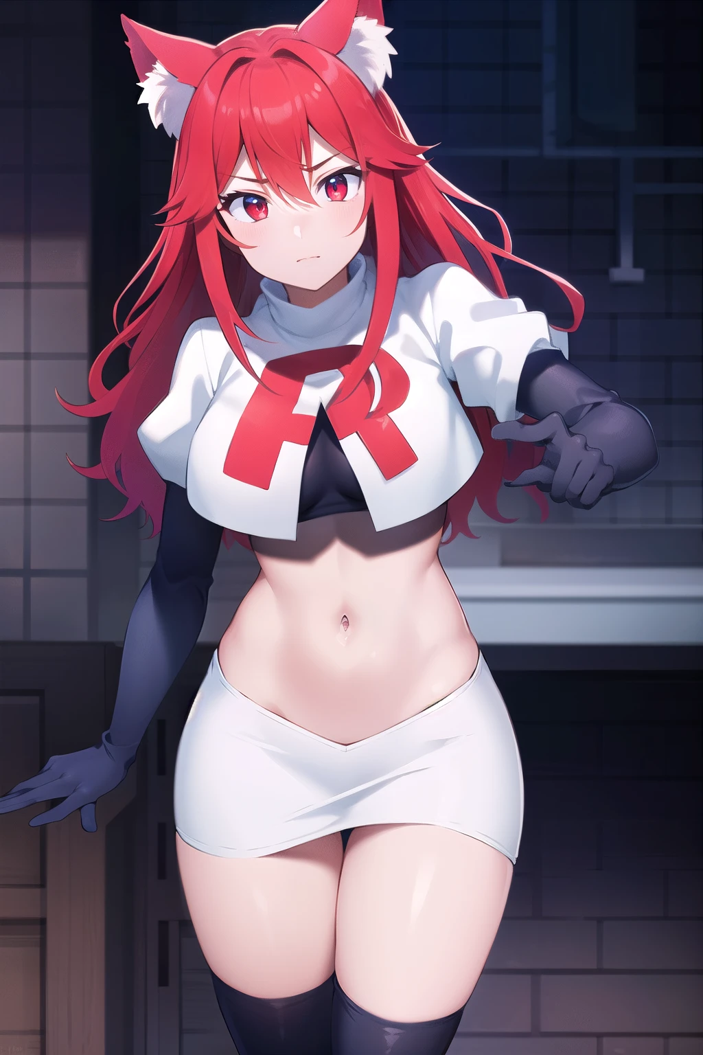 masterpiece, perfect lighting, (beautiful, best quality:1.3), perfect eyes, absurdres, 8k,
1girl, solo, (absurdres), finely detail,
flay_strongest, long hair, wolf ears, , wolf girl, red eyes, red hair,
team rocket,team rocket uniform,white skirt,red letter R,crop top,black thigh-highs,black elbow gloves, navel,