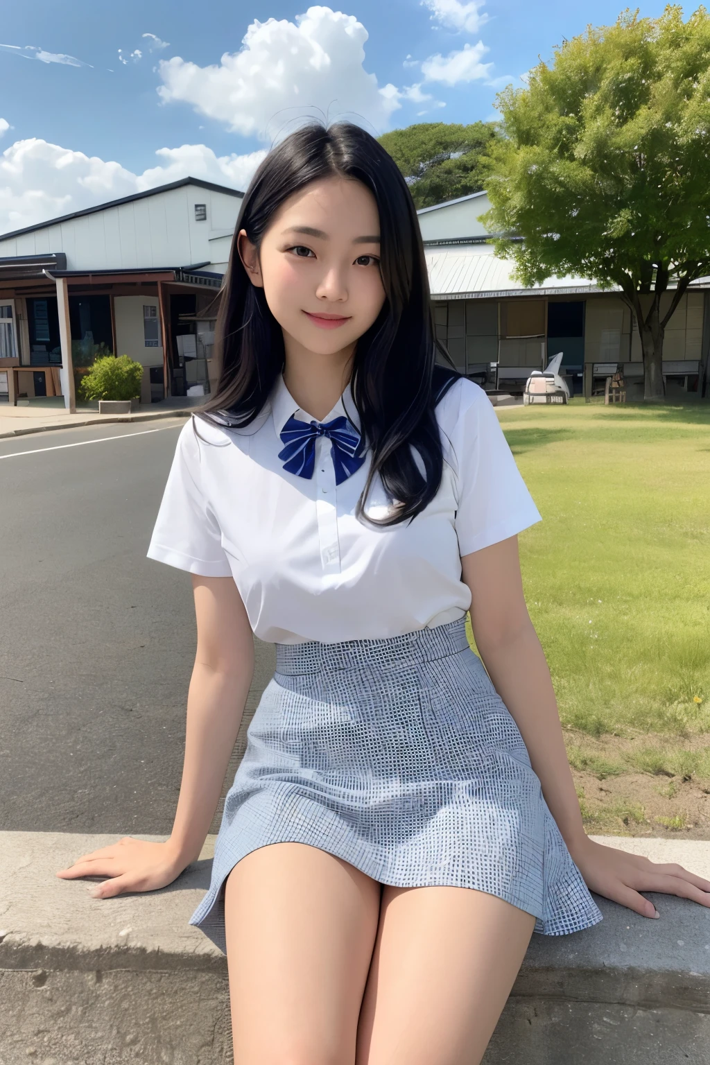 ((8K)),((Japanese)),(16 years old:1.6),(innocent face:1.5),(highly detailed face),girl,very cute,idol face、blazer,Navy blue striped bowtie、navy blue plaid skirt,black hair,baby face、smile、garden、sitting、spread your legs