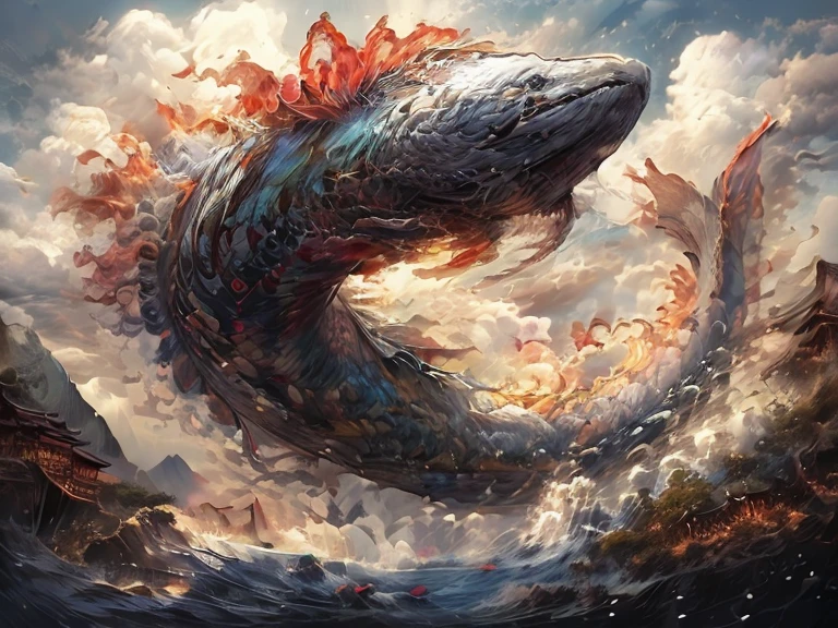 ( A long scaly slippery sea snake with four fins on its head and a long elongated snout swims on the water surface), ( In the distance, you can see a huge Leviathan 1200 meters high under the water,  from earth to sky ), (white fog ) , ( mist-shrouded reefs )  Chinese style , ( island in the middle of a clear clear lake , ( with sakura with blue-violet leaves ), ( snowy sharp mountain in the background ), ( dynamic view from above ) , ( one-story shack on the shore with a thatched roof) )Hyper HD,  epic ， ultra-clear ，lights,   Strong smoothing,  high detail,  high quality ,  highly detailed oil painting , masterpiece, ( Very detailed 8k wallpaper ), ( best illustration ), Jessica Rossier's style  , (the best shadow),  Realistic lighting,  beautiful detailed glow , in the style of Elden Ring ,  dark shades ,  dark colors .