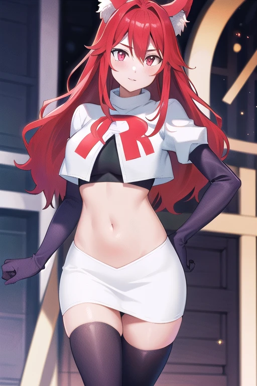 masterpiece, perfect lighting, (beautiful, best quality:1.3), perfect eyes, absurdres, 8k,
1girl, solo, (absurdres), finely detail,
flay_strongest, long hair, wolf ears, , wolf girl, red eyes, red hair,
team rocket,team rocket uniform,white skirt,red letter R,crop top,black thigh-highs,black elbow gloves, navel,