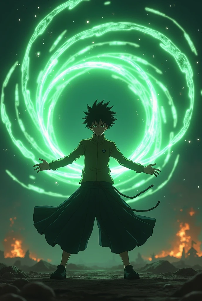 Izuku Midoriya with Blackwhip Quirk Activated
“Izuku Midoriya wielding Blackwhip, with dark tendrils of energy extending from his arms in a swirling, powerful display. His face is fierce and resolute, with each strand of Blackwhip meticulously detailed, glowing slightly in contrast to his green aura. The background is a darkened battlefield with faint glowing embers, emphasizing the contrast between light and shadow. Rendered in super hyper-detail, ultra-sharp, UHD, 8K octane for maximum intensity.”--niji 5”