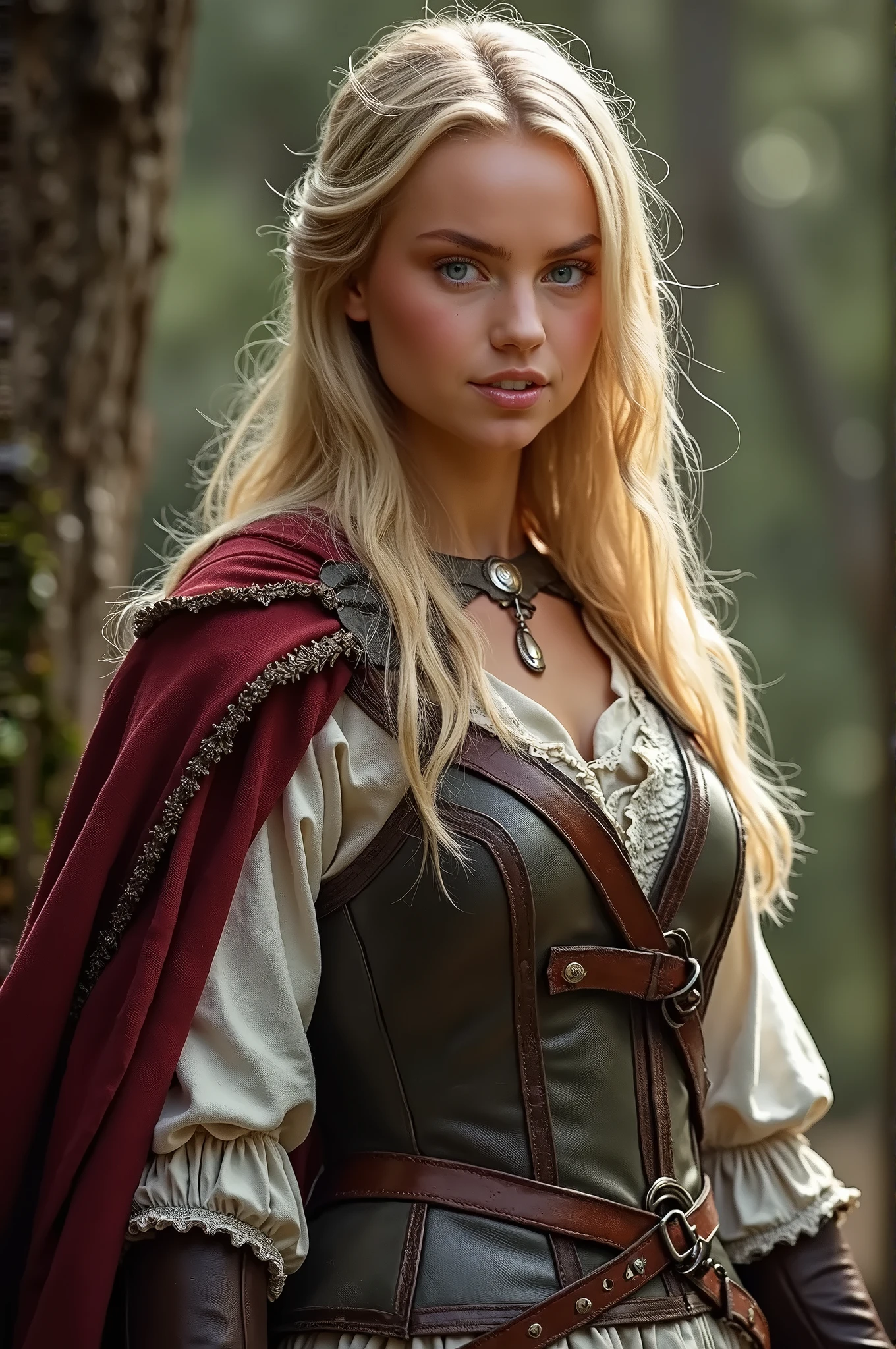 best quality, ultra high res, (photorealistic:1.5), (RAW:1.3) sun light, depth of field ,beautiful face, (PureErosFace_V1:0.8), half body, | | 1girl, medium breast, curly golden hair, short hair, natural make up, (very detailed and expressive eyes), detail hair, natural makeup, (smile:0.5)| | (red cloak:1.5), (leather vest:1.5), (white dress:1.3), (leather belt:1.3), intricate design, | | holding a basket, forest hotel,