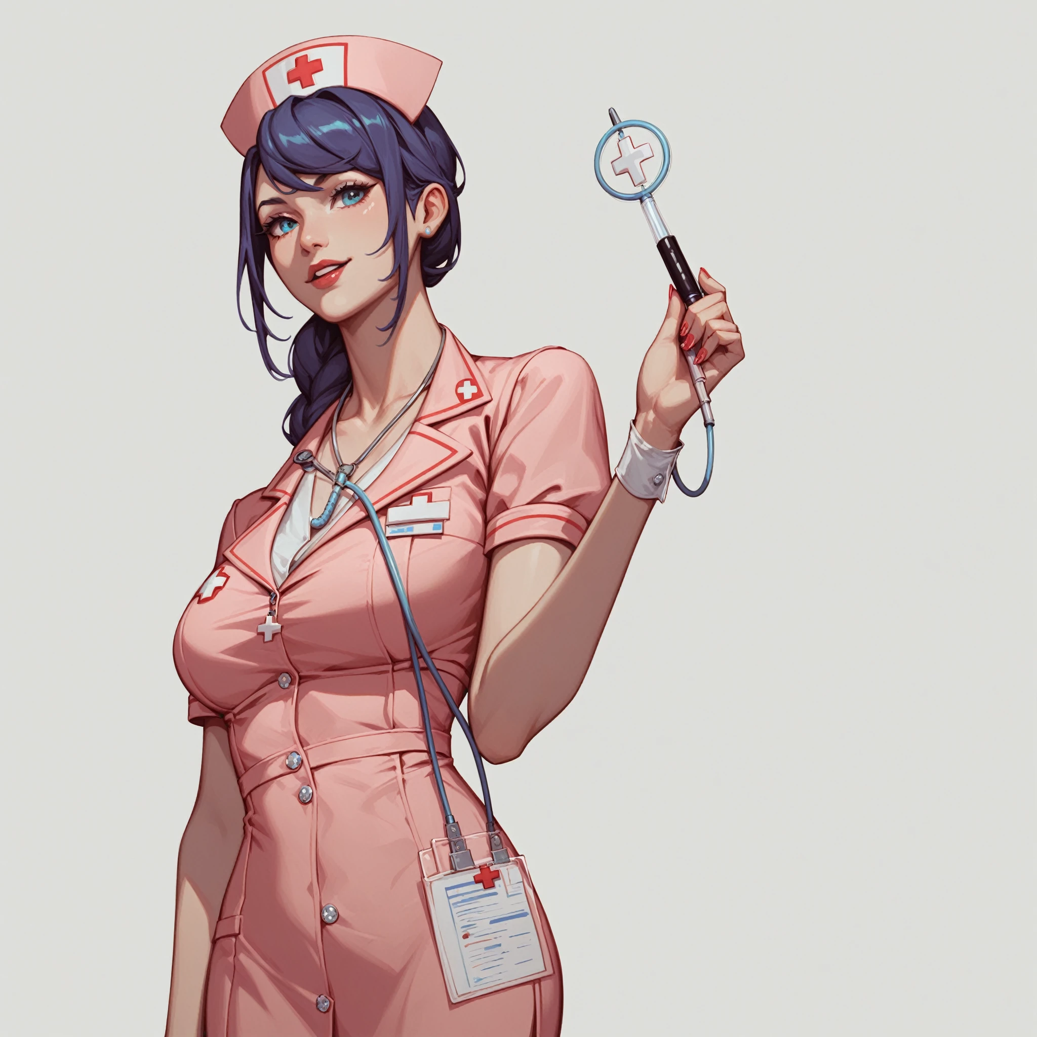 Cyberpunk nurse with blank stare, is standing in a hospital room, She has pastel pink skin and turquoise blue hair.. Wear a white nurse's coat, He carries a notebook with him