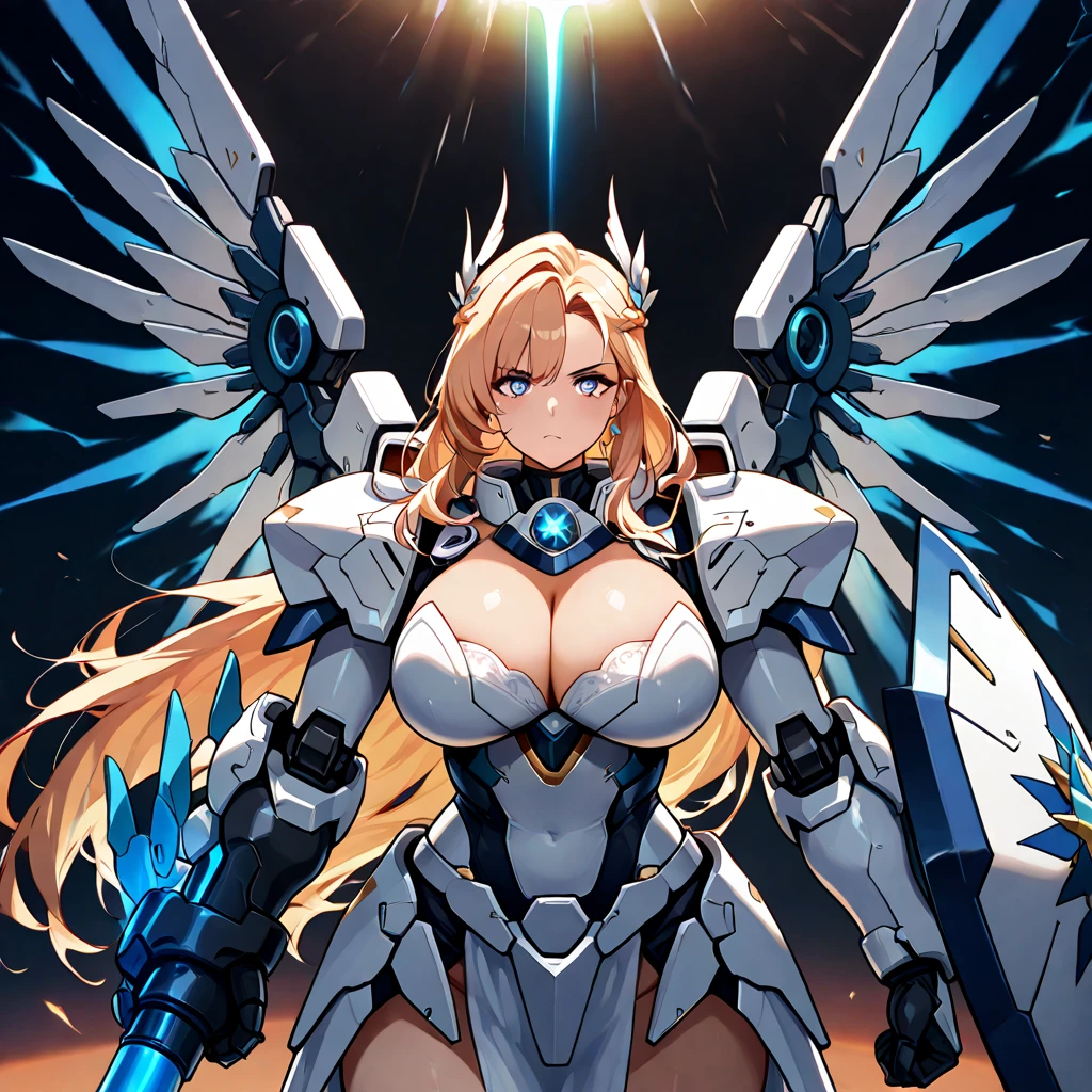 Anime, high detailed, multiple womans, mature womans, extremely long hair, mecha soft-armor, cleavage, Large breasts, large mechanical wings, large Gauntlet, large shield in arm, serious, curvy body, long mechanical wings, mecha weapons、Colored armors、magenta Colored aura、BLUE Eyes, elongated pupils,  Mature Woman、magenta aura, background in the space 