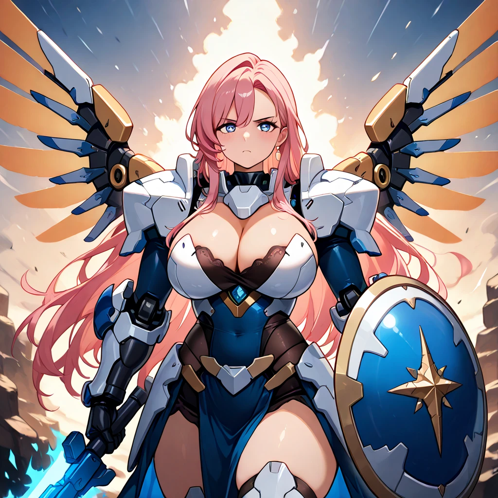 Anime, high detailed, multiple womans, mature womans, extremely long hair, mecha soft-armor, cleavage, Large breasts, large mechanical wings, large Gauntlet, large shield in arm, serious, curvy body, long mechanical wings, mecha weapons、Colored armors、magenta Colored aura、BLUE Eyes, elongated pupils,  Mature Woman、magenta aura, background in the space 