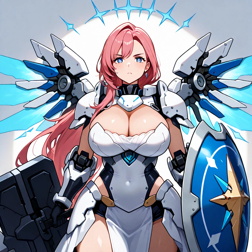 Anime, high detailed, multiple womans, mature womans, extremely long hair, mecha soft-armor, cleavage, Large breasts, large mechanical wings, large Gauntlet, large shield in arm, serious, curvy body, long mechanical wings, mecha weapons、Colored armors、magenta Colored aura、BLUE Eyes, elongated pupils,  Mature Woman、magenta aura, background in the space 