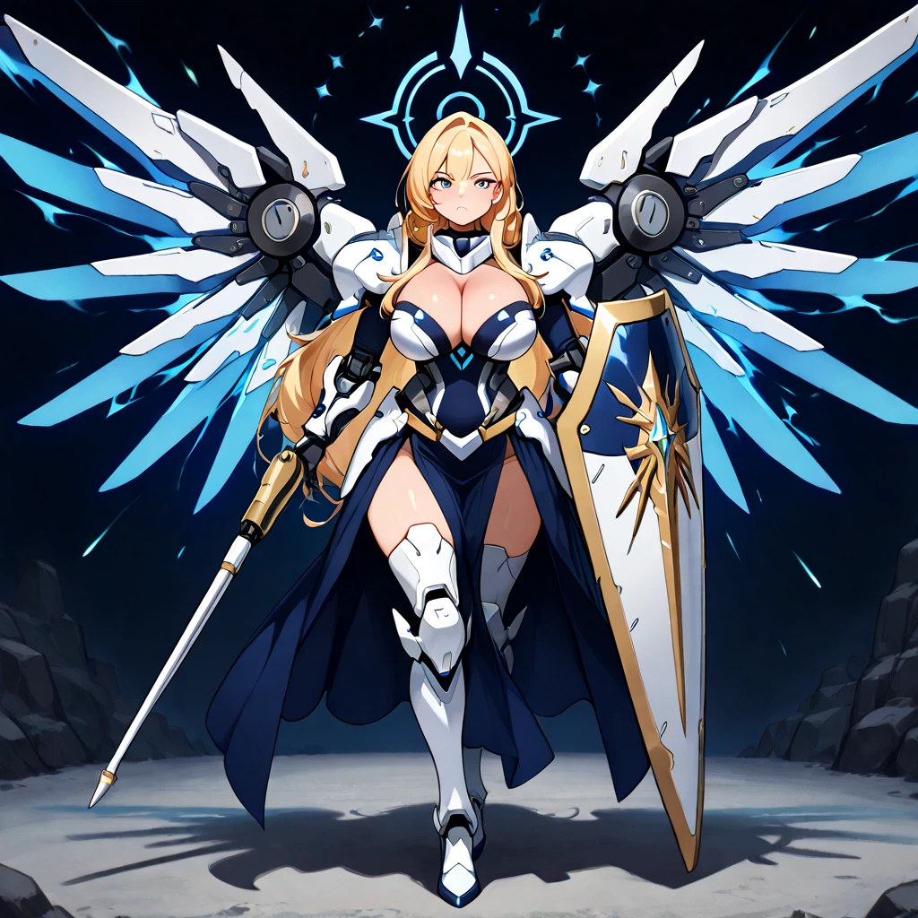 Anime, high detailed, multiple womans, mature womans, extremely long hair, mecha soft-armor, cleavage, Large breasts, large mechanical wings, large Gauntlet, large shield in arm, serious, curvy body, long mechanical wings, mecha weapons、Colored armors、magenta Colored aura、BLUE Eyes, elongated pupils,  Mature Woman、magenta aura, background in the space 