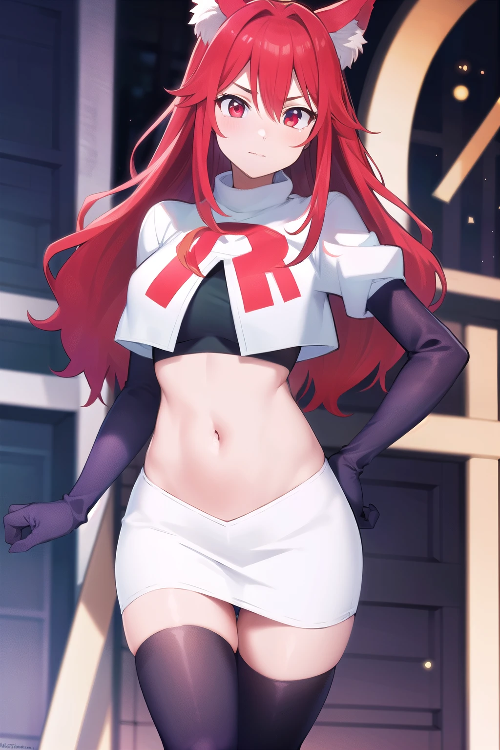 masterpiece, perfect lighting, (beautiful, best quality:1.3), perfect eyes, absurdres, 8k,
1girl, solo, (absurdres), finely detail,
flay_strongest, long hair, wolf ears, , wolf girl, red eyes, red hair,
team rocket,team rocket uniform,white skirt,red letter R,crop top,black thigh-highs,black elbow gloves, navel,