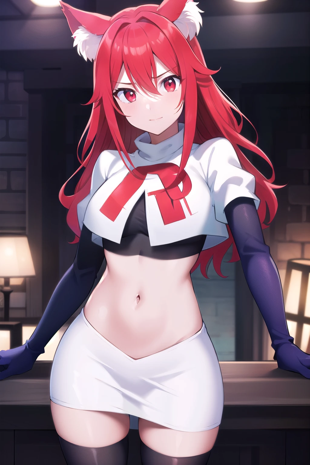 masterpiece, perfect lighting, (beautiful, best quality:1.3), perfect eyes, absurdres, 8k,
1girl, solo, (absurdres), finely detail,
flay_strongest, long hair, wolf ears, , wolf girl, red eyes, red hair,
team rocket,team rocket uniform,white skirt,red letter R,crop top,black thigh-highs,black elbow gloves, navel,