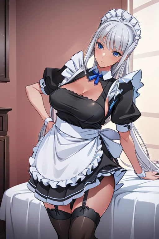 top-quality、Full limbs、complete fingers、1 beautiful woman,28yo,(ideal ratio body proportions:1.5), beautiful detailed face, perfect feminine face,mole under eye、sweat、Slender beauty、straight haired、silver hair、(mini skirt sexy maid apron:1.5)、(coverd nipples:0.9)、very skinny、cleavage、White pantyhose、(castle、 Room、bed:1.2)、(manizer,invite a man,in heat:1.4),used condom、vulgarity、spoken heart、(tan:1.5)、(blank look,open mouth:1.7),