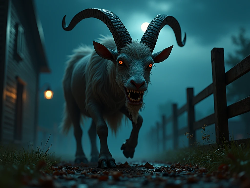 ram headed dog with big scaly hairy horns bloody mouth with big teeth dripping goblin saliva with brown hair with green realistic HD in definition 