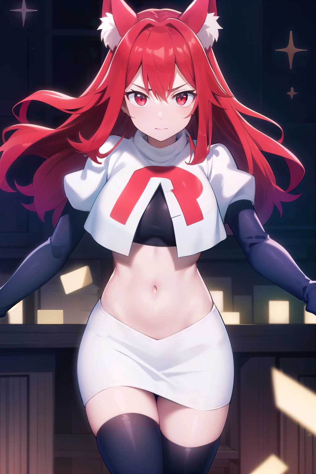 masterpiece, perfect lighting, (beautiful, best quality:1.3), perfect eyes, absurdres, 8k,
1girl, solo, (absurdres), finely detail,
flay_strongest, long hair, wolf ears, , wolf girl, red eyes, red hair,
team rocket,team rocket uniform,white skirt,red letter R,crop top,black thigh-highs,black elbow gloves, navel,