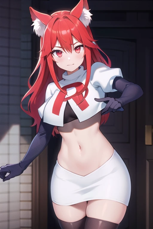 masterpiece, perfect lighting, (beautiful, best quality:1.3), perfect eyes, absurdres, 8k,
1girl, solo, (absurdres), finely detail,
flay_strongest, long hair, wolf ears, , wolf girl, red eyes, red hair,
team rocket,team rocket uniform,white skirt,red letter R,crop top,black thigh-highs,black elbow gloves, navel,