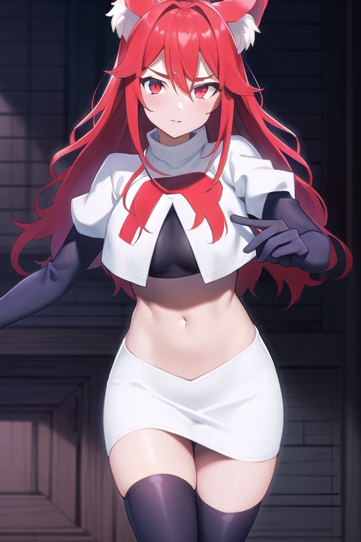 masterpiece, perfect lighting, (beautiful, best quality:1.3), perfect eyes, absurdres, 8k,
1girl, solo, (absurdres), finely detail,
flay_strongest, long hair, wolf ears, , wolf girl, red eyes, red hair,
team rocket,team rocket uniform,white skirt,red letter R,crop top,black thigh-highs,black elbow gloves, navel,