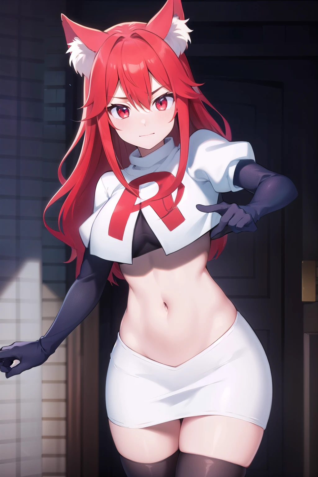 masterpiece, perfect lighting, (beautiful, best quality:1.3), perfect eyes, absurdres, 8k,
1girl, solo, (absurdres), finely detail,
flay_strongest, long hair, wolf ears, , wolf girl, red eyes, red hair,
team rocket,team rocket uniform,white skirt,red letter R,crop top,black thigh-highs,black elbow gloves, navel,