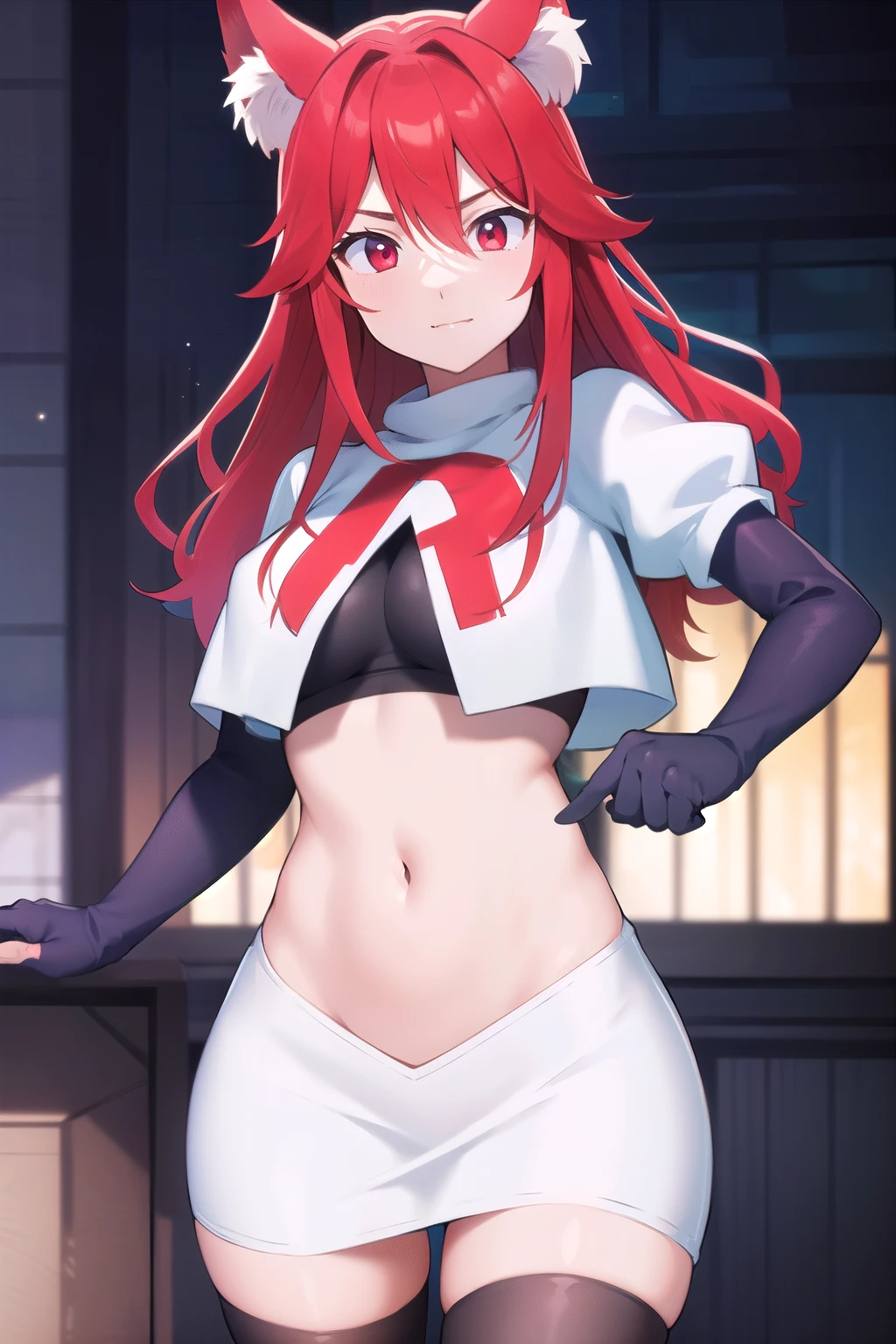 masterpiece, perfect lighting, (beautiful, best quality:1.3), perfect eyes, absurdres, 8k,
1girl, solo, (absurdres), finely detail,
flay_strongest, long hair, wolf ears, , wolf girl, red eyes, red hair,
team rocket,team rocket uniform,white skirt,red letter R,crop top,black thigh-highs,black elbow gloves, navel,