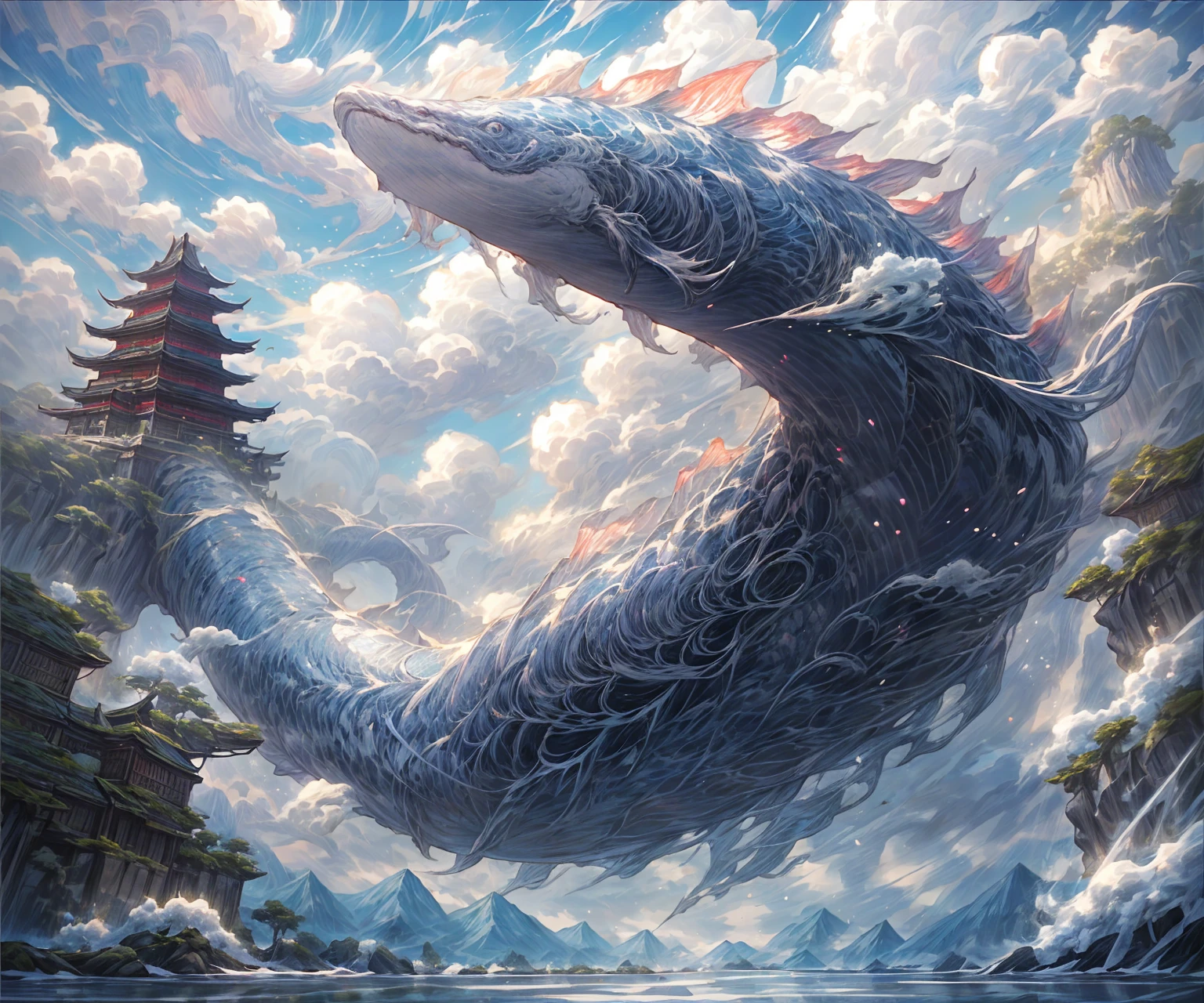 ( A long scaly slippery sea snake with four fins on its head and a long elongated snout swims on the water surface), ( In the distance, you can see a huge Leviathan 1200 meters high under the water,  from earth to sky ), (white fog ) , ( mist-shrouded reefs )  Chinese style , ( island in the middle of a clear clear lake , ( with sakura with blue-violet leaves ), ( snowy sharp mountain in the background ), ( dynamic view from above ) , ( one-story shack on the shore with a thatched roof) )Hyper HD,  epic ， ultra-clear ，lights,   Strong smoothing,  high detail,  high quality ,  highly detailed oil painting , masterpiece, ( Very detailed 8k wallpaper ), ( best illustration ), Jessica Rossier's style  , (the best shadow),  Realistic lighting,  beautiful detailed glow , in the style of Elden Ring ,  dark shades ,  dark colors .