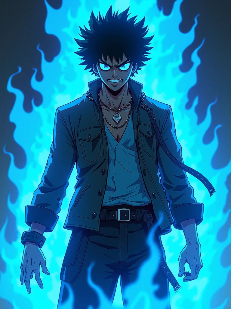 “Dabi with blue flames roaring around him, his charred skin and clothing catching the eerie glow, every detail of his flames and fierce expression Rendered in super hyper-detail, ultra-sharp, UHD, 8K octane for maximum intensity.”--niji 5”Illustration, Action Painting, Anime Style, Anime, Artistic, Ghibli-like Colors