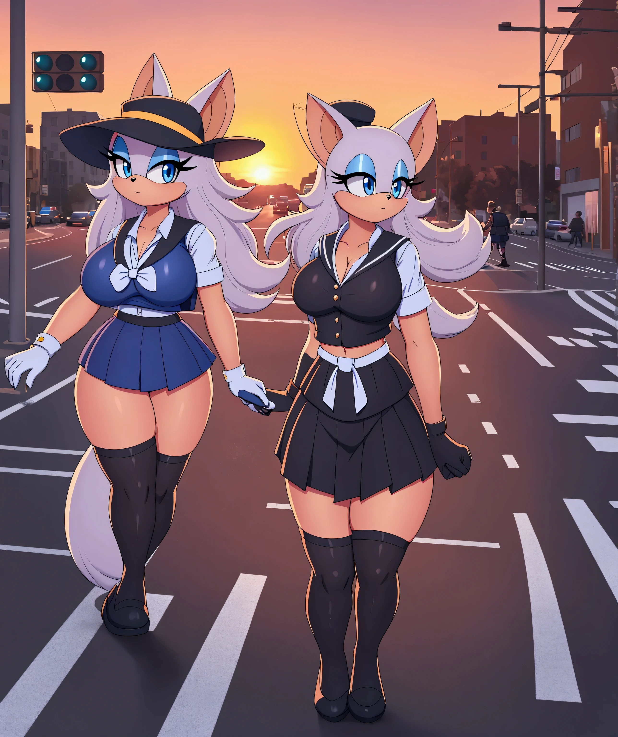 Rouge the bat, blue eyes ,schoolgirl vest, sailor hat , long hair ,,schoolgirl skirt, black stockings with straps,,  black gloves , small hips , large breasts,small hip,  Big Thighs,   walking on the street ,at a pedestrian crossing, at sunset  