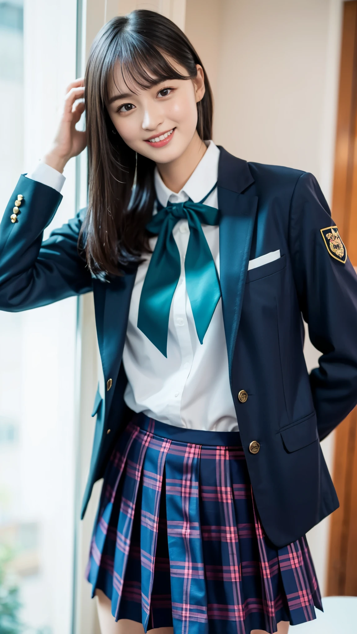 (Highest quality, 4K, 8k, High resolution, masterpiece, Genuine, Realistic, Realistic:1.3), (upper body, from below), Girl standing in a school changingroom, grin:1, phisically accurate, ((wearing white collared Uniform with blue neckerchief, tight dark blue staff jumper jacket, dark blue plaid skirt)), ((pink striped pattern underwear)), 18-year-old, bangs, A small smile, Thighs, knees, white pantyhose, From below:0.3, pinching skirt:0.7, open legs:0.8,