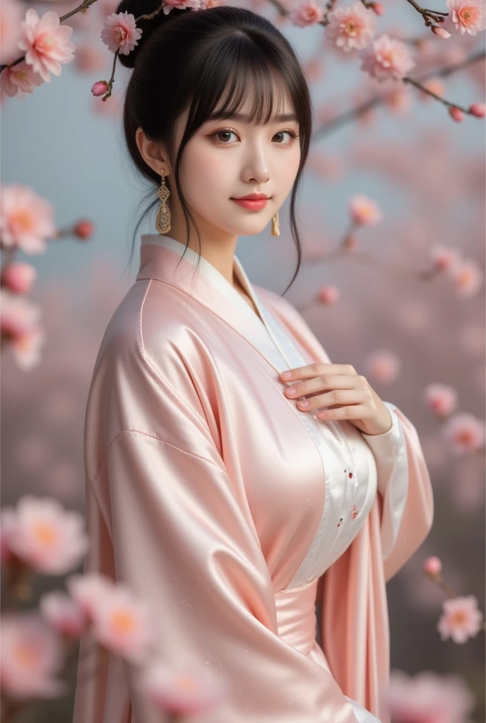 big breasts,A beautiful woman wearing ancient Chinese Hanfu, dressed in light pink  with flowers on her head and earrings, is posing for the camera. She has exquisite makeup and bright eyes. The background features blooming peach blossoms, and she stands tall against an elegant backdrop. Her full-body portrait showcases traditional-style photography. 