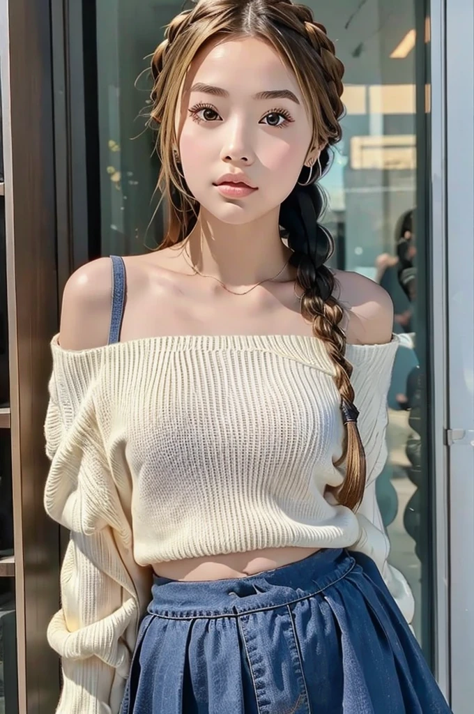  Masterpiece、 high quality,1 teenage girl,girl, high school students、Perfect Portrait 、Open the center of your lips,blonde braids、front view,stand,cropped off-shoulder sweater, mini skirt、No background