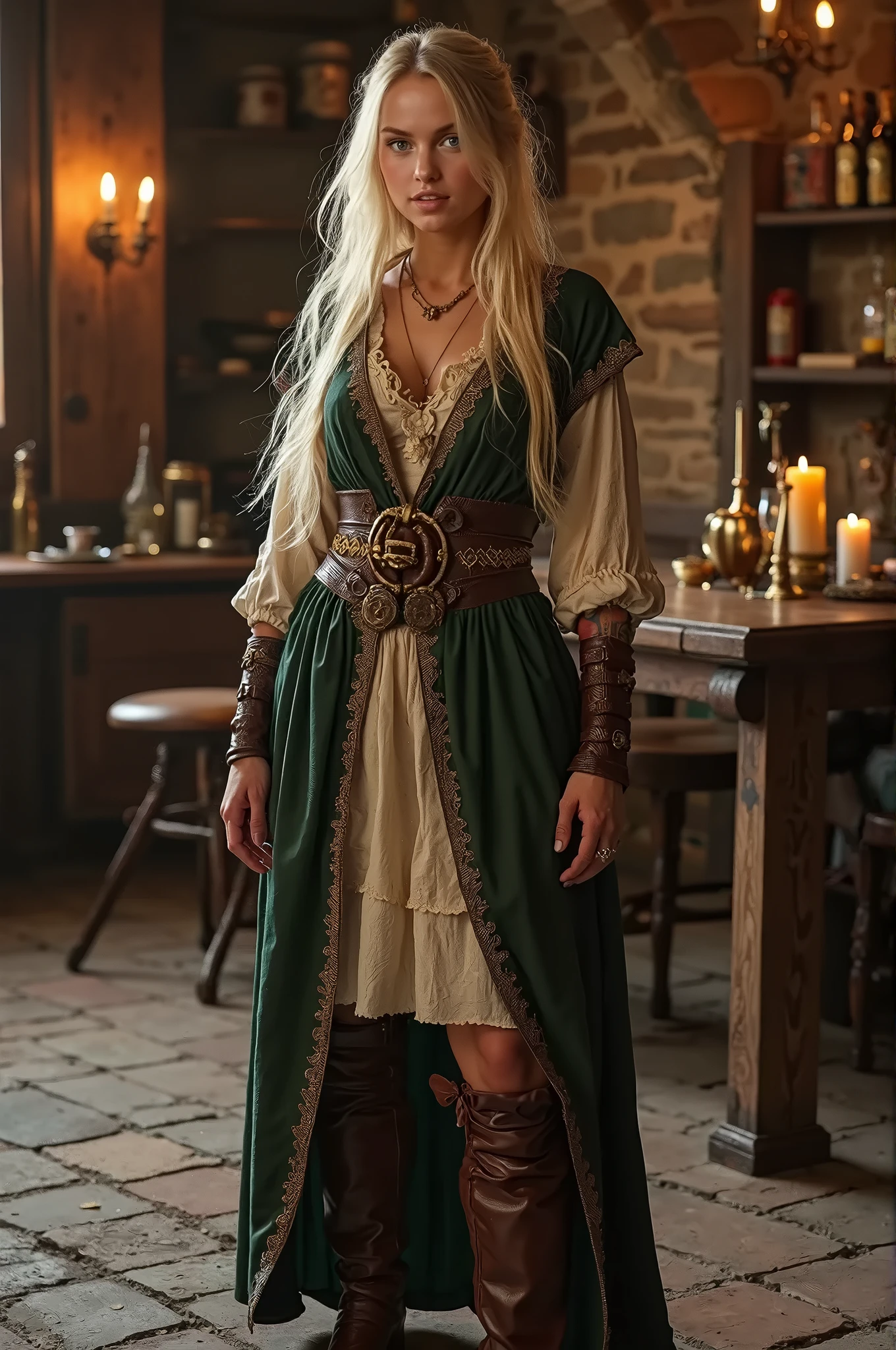 Blonde medieval fantasy minstrel with green eyes, charming smile, in a tavern