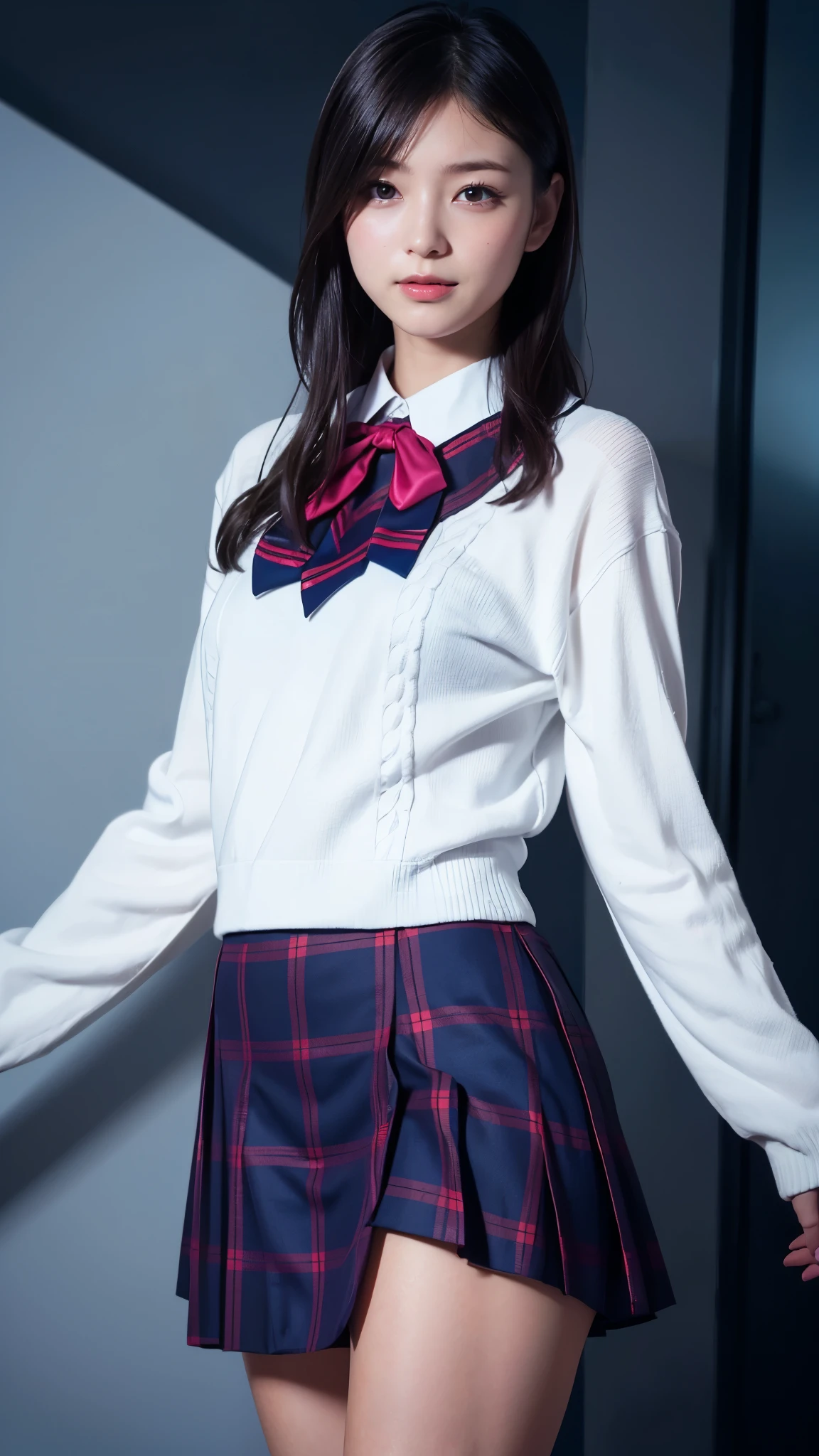 (Highest quality, 4K, 8k, High resolution, masterpiece, Genuine, Realistic, Realistic:1.3), (upper body, from below), Girl standing in a school changingroom, grin:1, phisically accurate, ((wearing white collared Uniform with blue neckerchief, dark blue sweater, dark blue plaid skirt)), ((pink striped pattern underwear)), 18-year-old, bangs, A small smile, Thighs, knees, From below, pinching skirt:0.7, open legs:0.8,