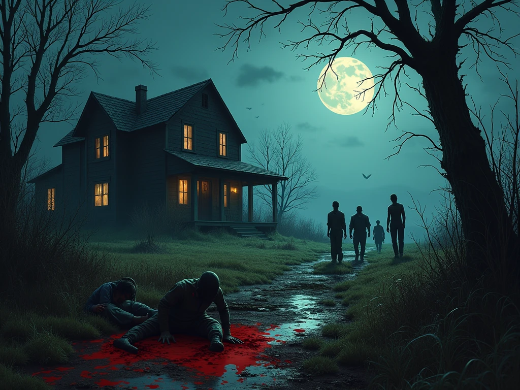 Very dark, well-detailed dark scene with several decapitated human skulls with remains of flesh piled up in several piles of skulls , dominant colors of the image red and black, dark night scenery with blood moon, horror image